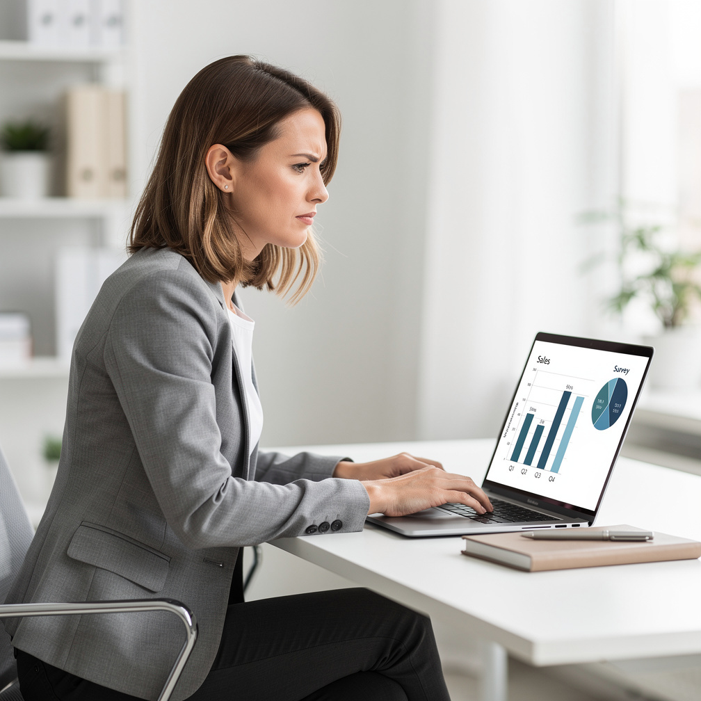 Young researcher analyzing survey data on a laptop